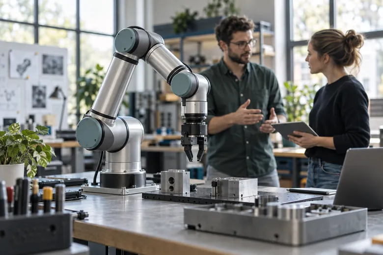 Robotic arm and engineers in a workshop